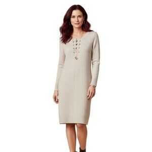 Lace-Up Knit Sweater Dress M Wool Shift Long Sleeve Beige Cozy Ribbed Hem Detail